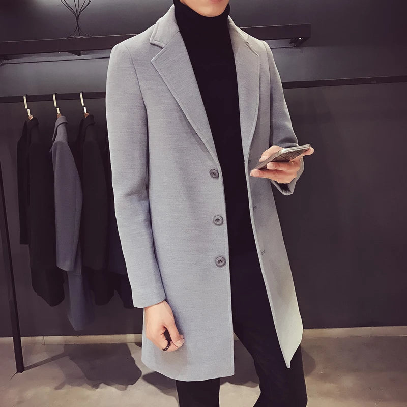 2022 Fashion Men Wool Blends Casual Business Trench Coat Leisure Overcoat Punk Style Dust Coats Jackets