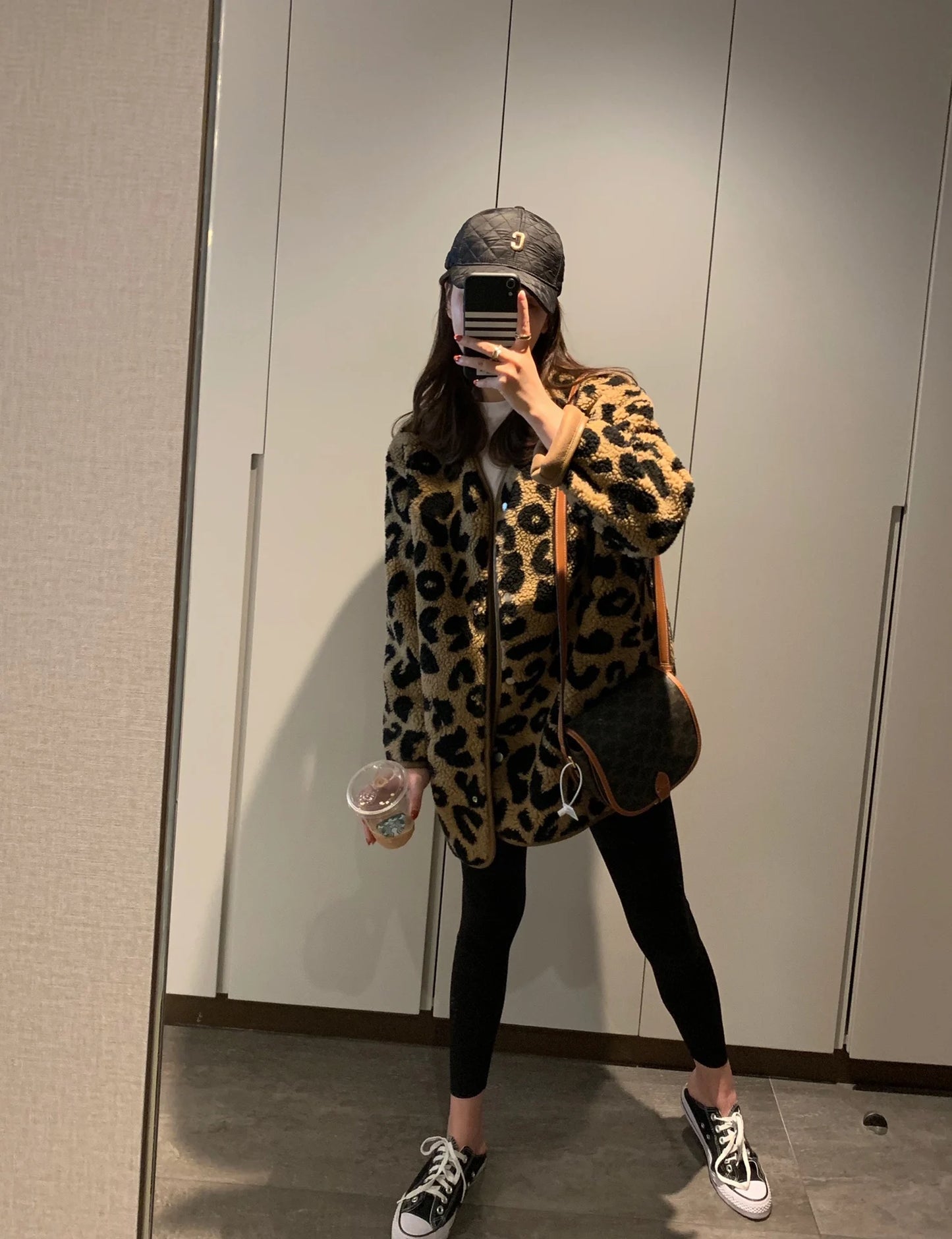 Leopard print fur one-piece short jacket spring and autumn