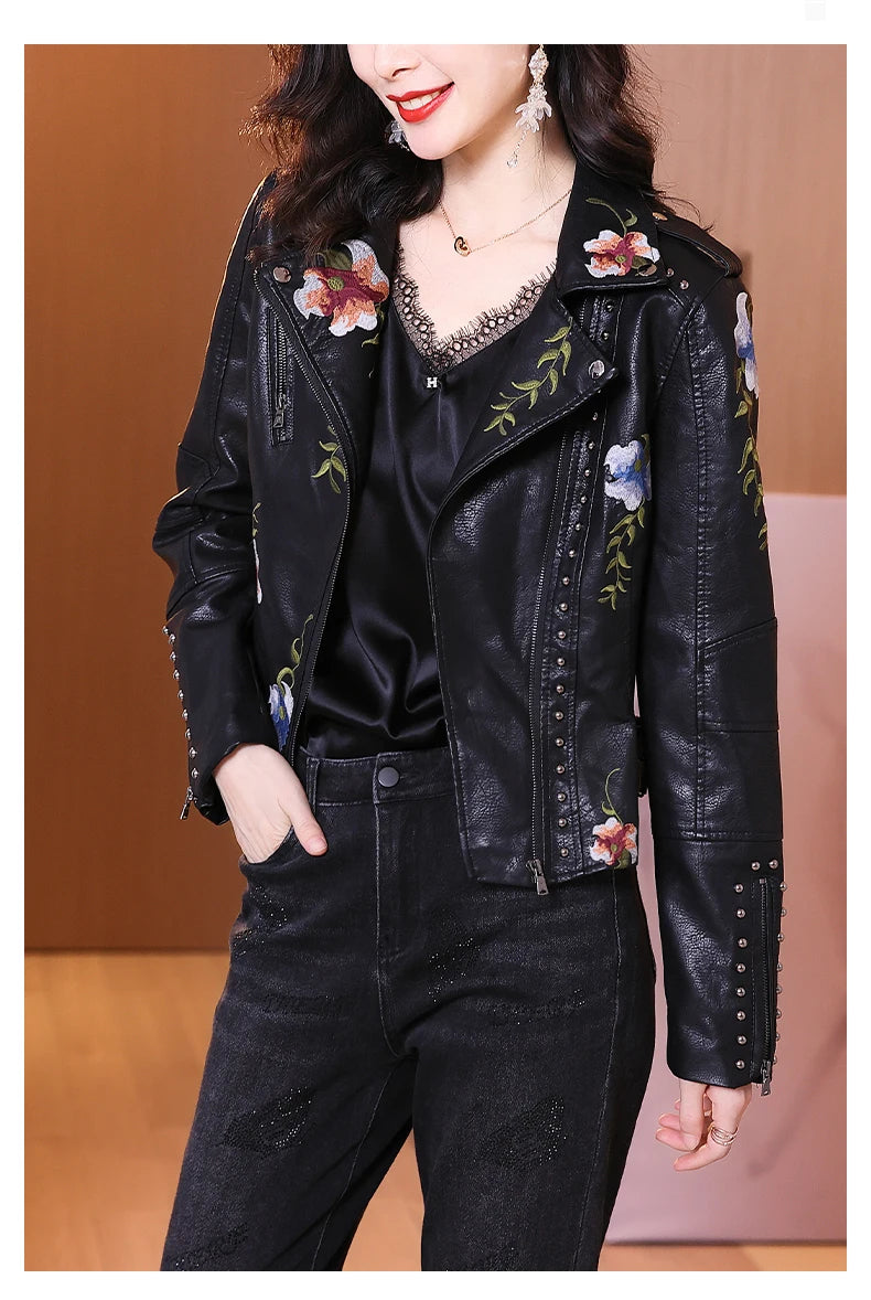 Biker Leather Jacket  Floral Print Embroidery Leather Jacket