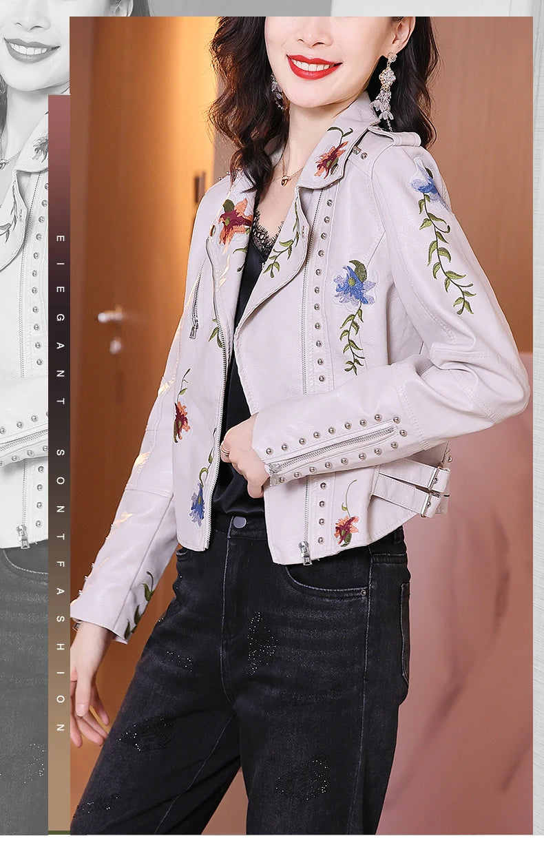 Biker Leather Jacket  Floral Print Embroidery Leather Jacket