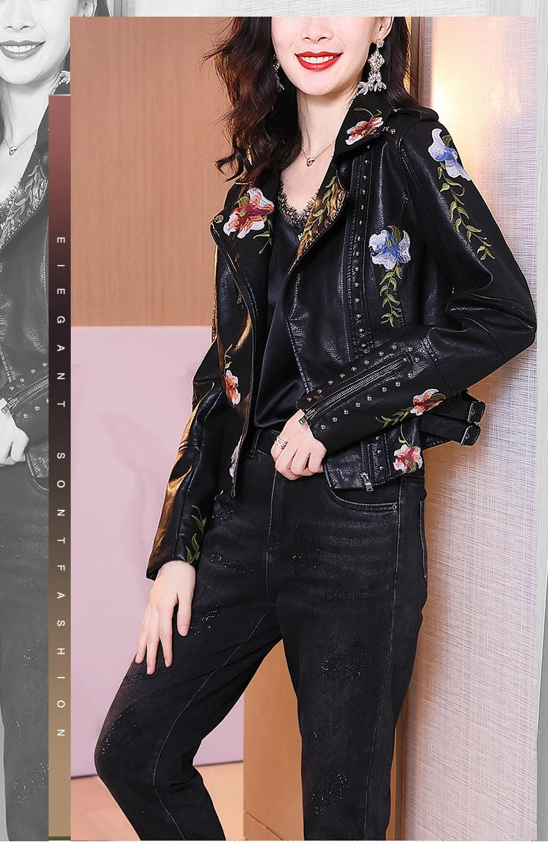 Biker Leather Jacket  Floral Print Embroidery Leather Jacket