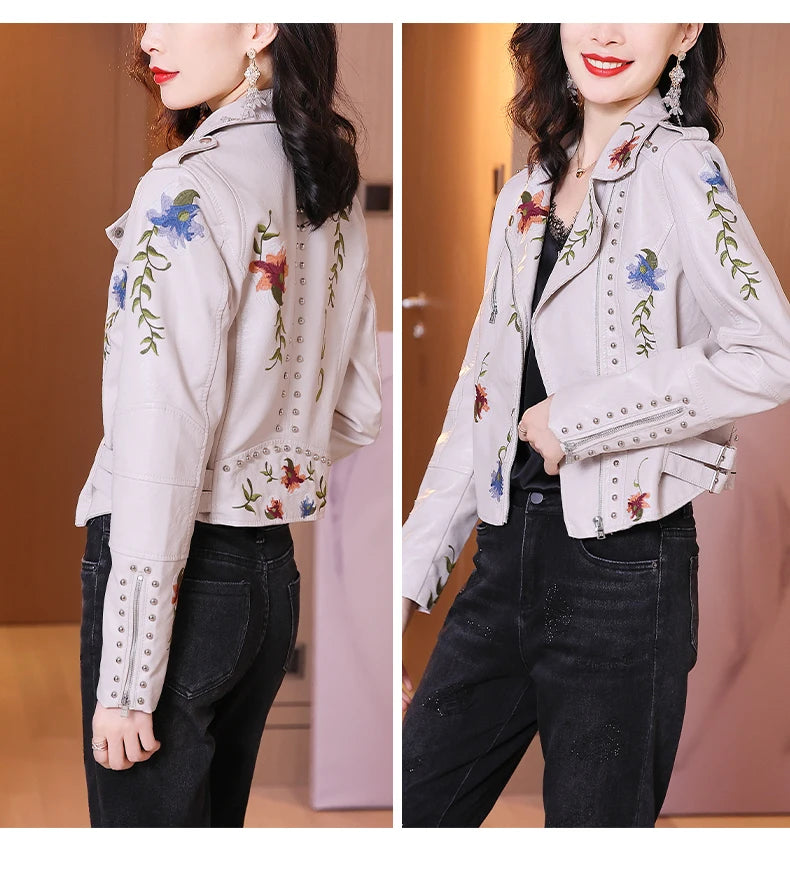 Biker Leather Jacket  Floral Print Embroidery Leather Jacket