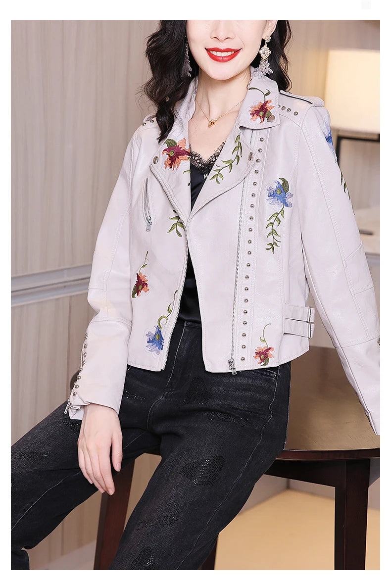 Biker Leather Jacket  Floral Print Embroidery Leather Jacket