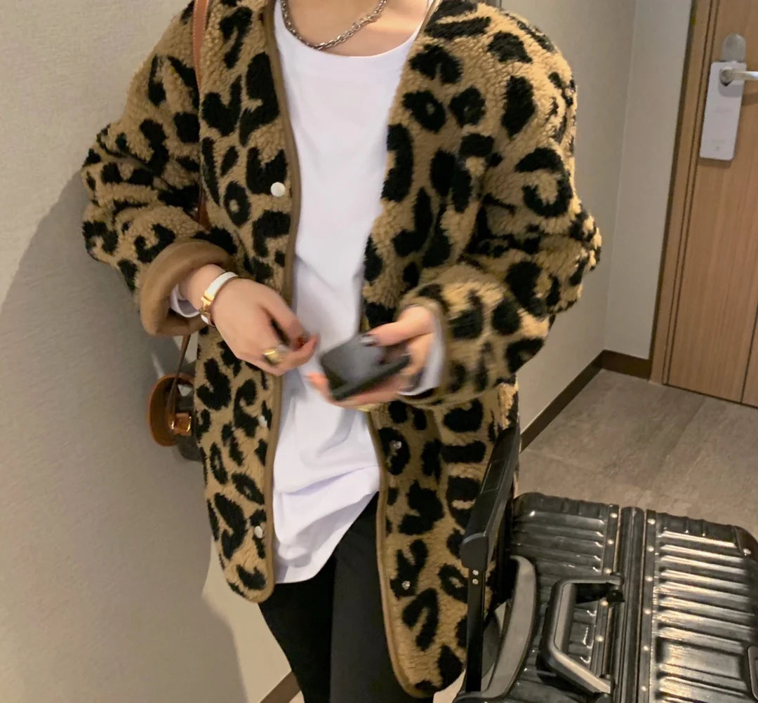 Leopard print fur one-piece short jacket spring and autumn