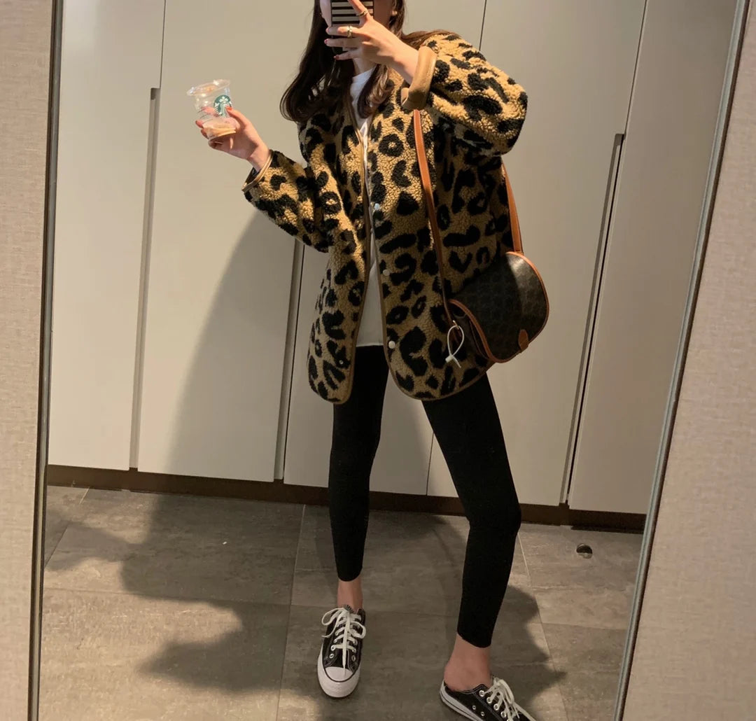 Leopard print fur one-piece short jacket spring and autumn