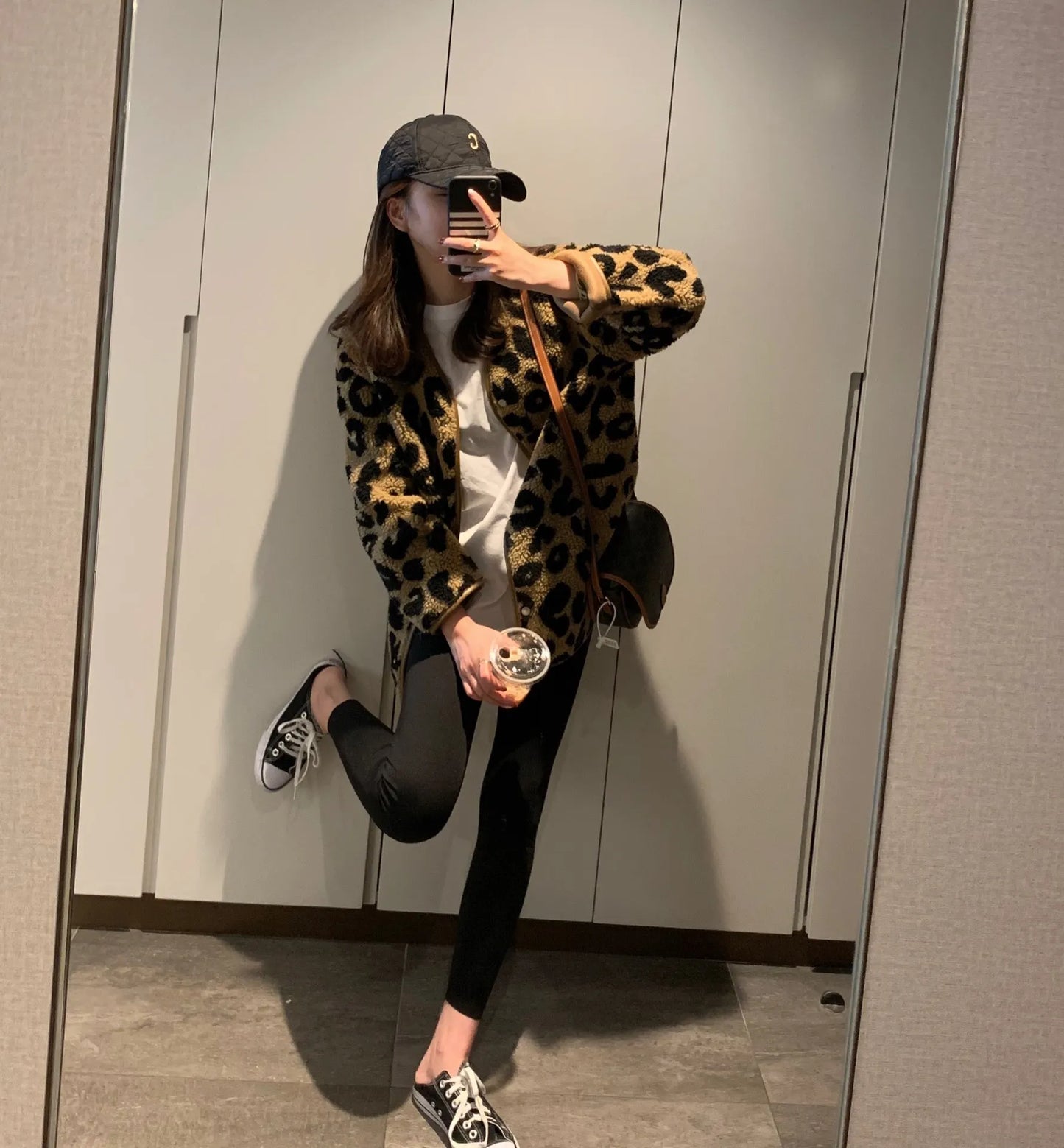 Leopard print fur one-piece short jacket spring and autumn