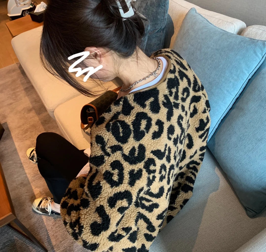 Leopard print fur one-piece short jacket spring and autumn