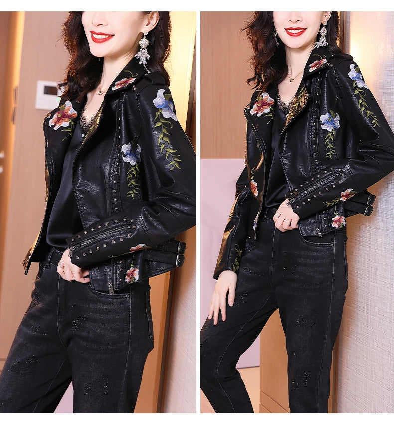 Biker Leather Jacket  Floral Print Embroidery Leather Jacket