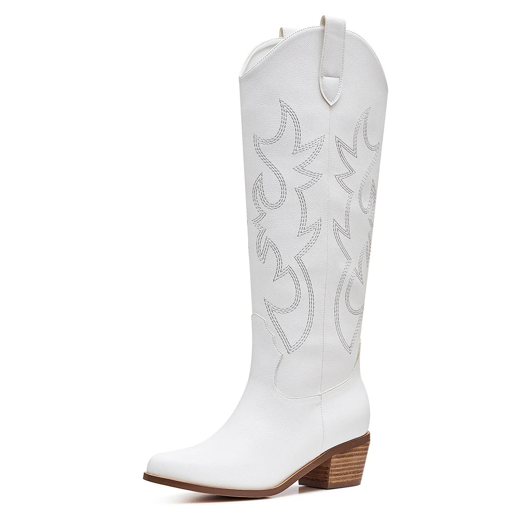 Embroidered Western Mid-calf  High Boots Solid Square Heele