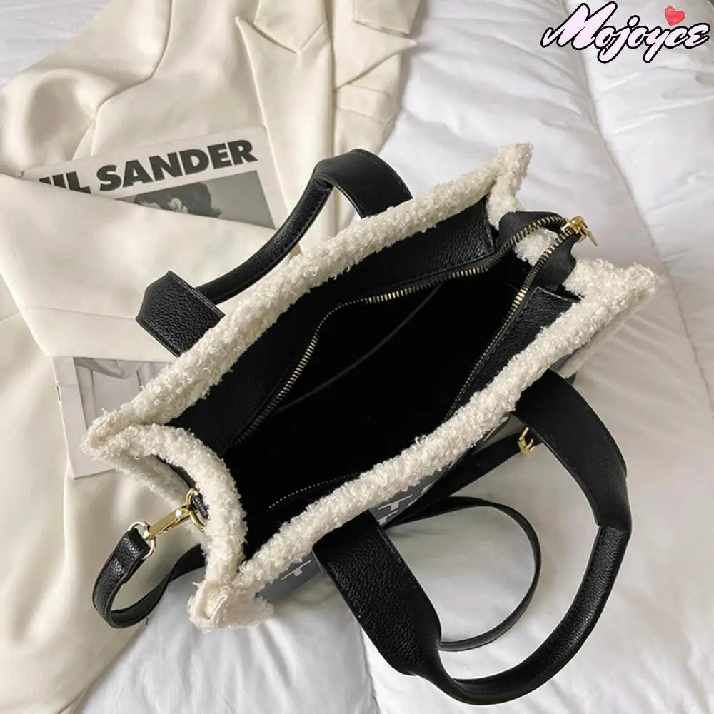 Bag for Women Lamb Wool Stitching PU Leather Handbag .