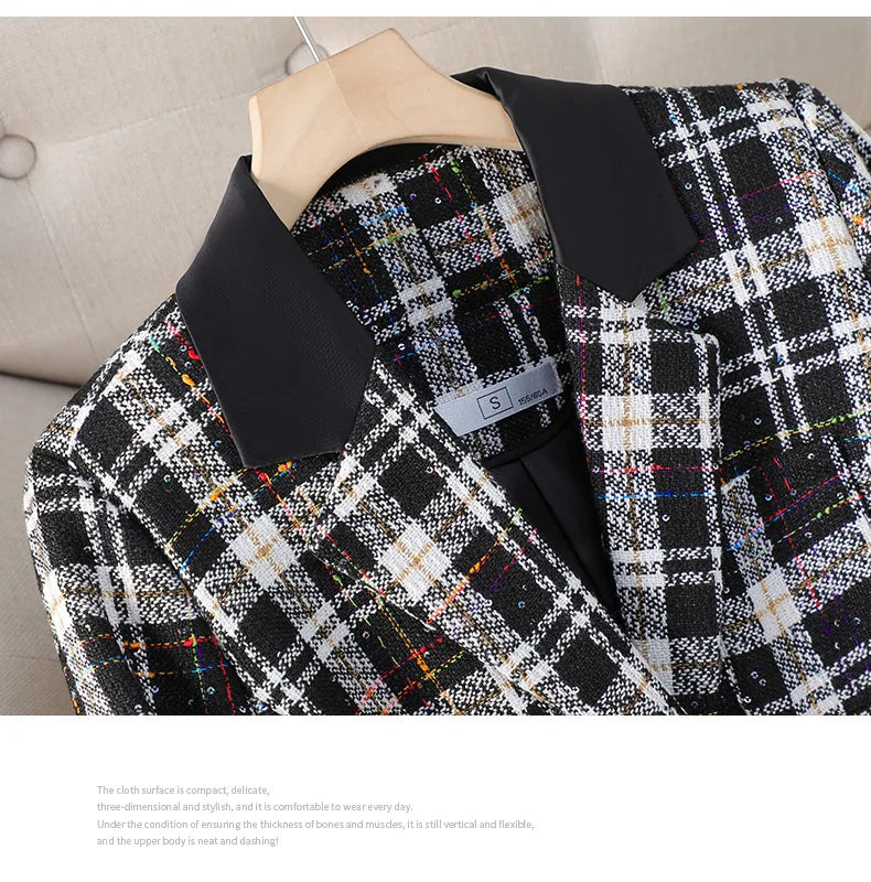 Black White Plaid Coat  Short Suit Jacket Single Breasted Outwear