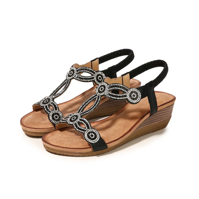 Sandals Open Toe Rhinestone Walking Shoes Elastic Ankle Strap