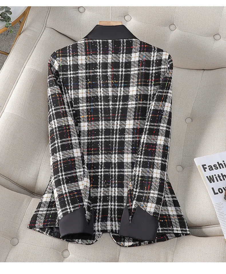 Black White Plaid Coat  Short Suit Jacket Single Breasted Outwear