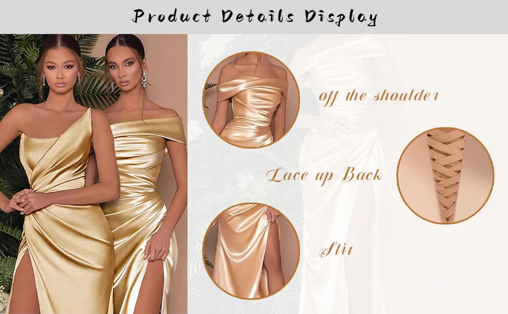 Champagne Satin Evening Dresses Women Off Shoulder Sexy High Split Ruched Bust Waist Pleat Prom Formal Party Gown Robe De Soiree