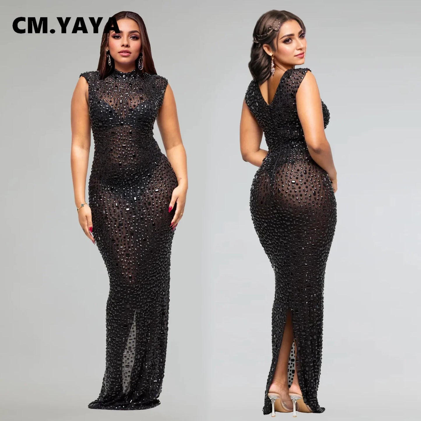 Diamonds Hot Rhinestones O-neck  Sleeveless Long Dress