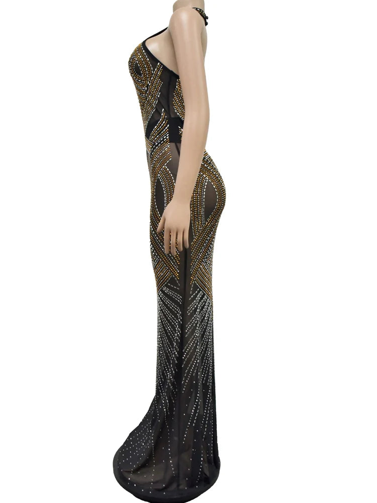 Rhinestones Décor Long Maxi Dress Backless