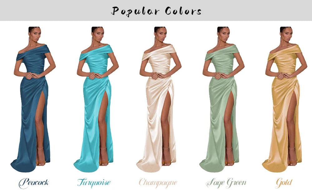 Champagne Satin Evening Dresses Women Off Shoulder Sexy High Split Ruched Bust Waist Pleat Prom Formal Party Gown Robe De Soiree