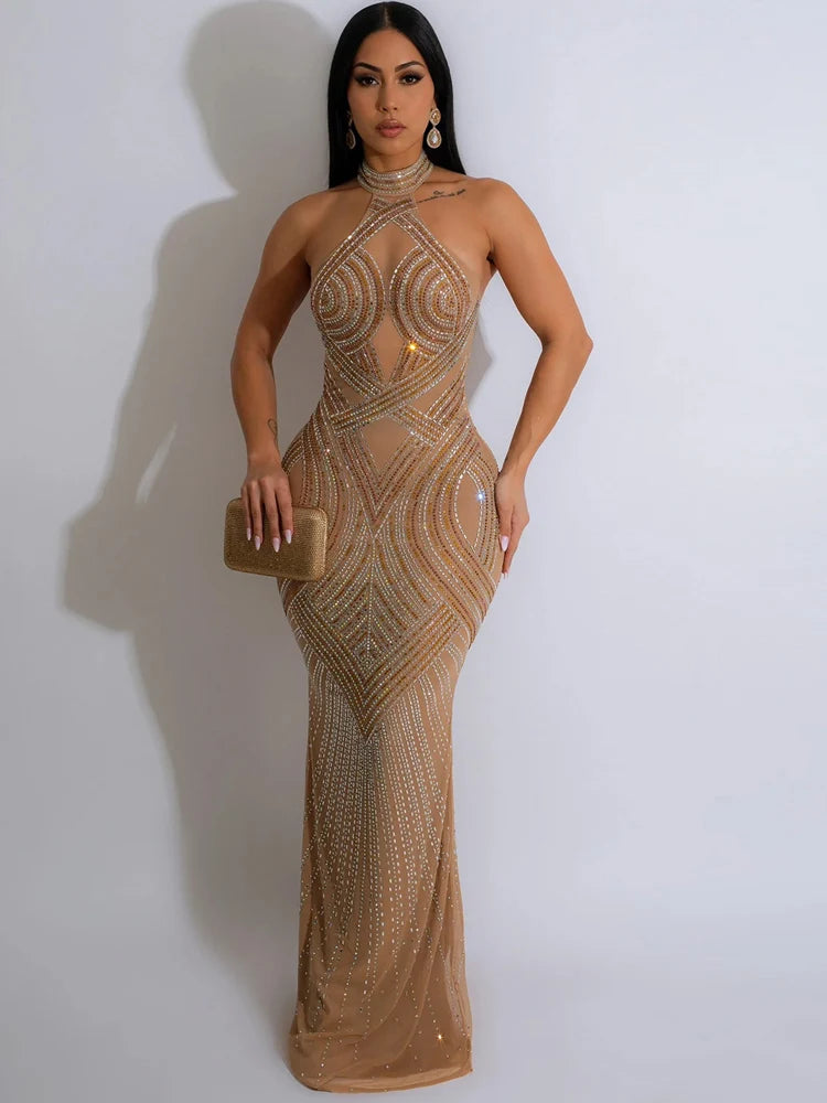 Rhinestones Décor Long Maxi Dress Backless