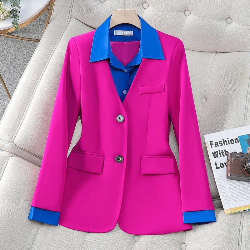 Long Sleeve Blazers Lapel Collar Color Block Jacket