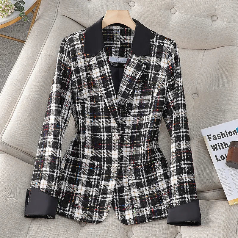 Black White Plaid Coat  Short Suit Jacket Single Breasted Outwear