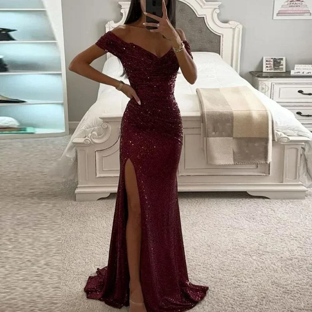 High Split Off Shoulder Sweetheart Prom Formal Party Gown