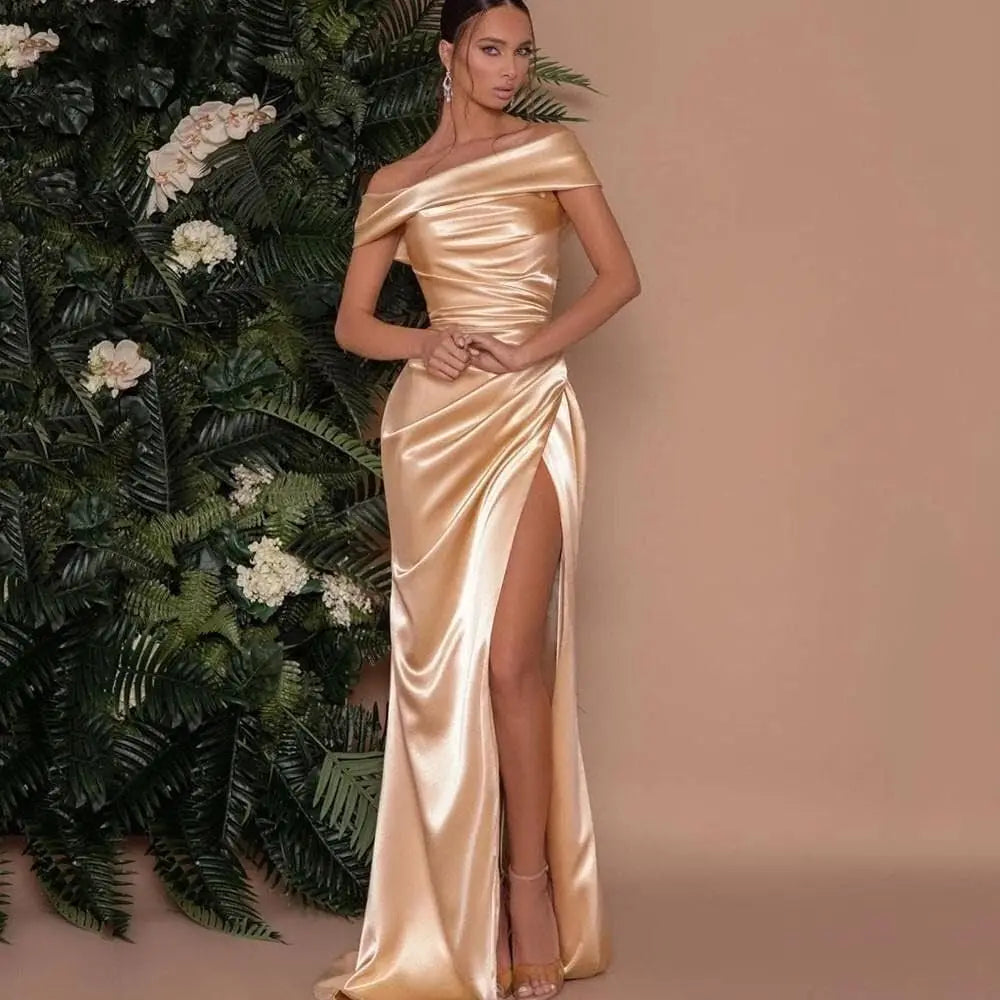 Champagne Satin Evening Dresses Women Off Shoulder Sexy High Split Ruched Bust Waist Pleat Prom Formal Party Gown Robe De Soiree