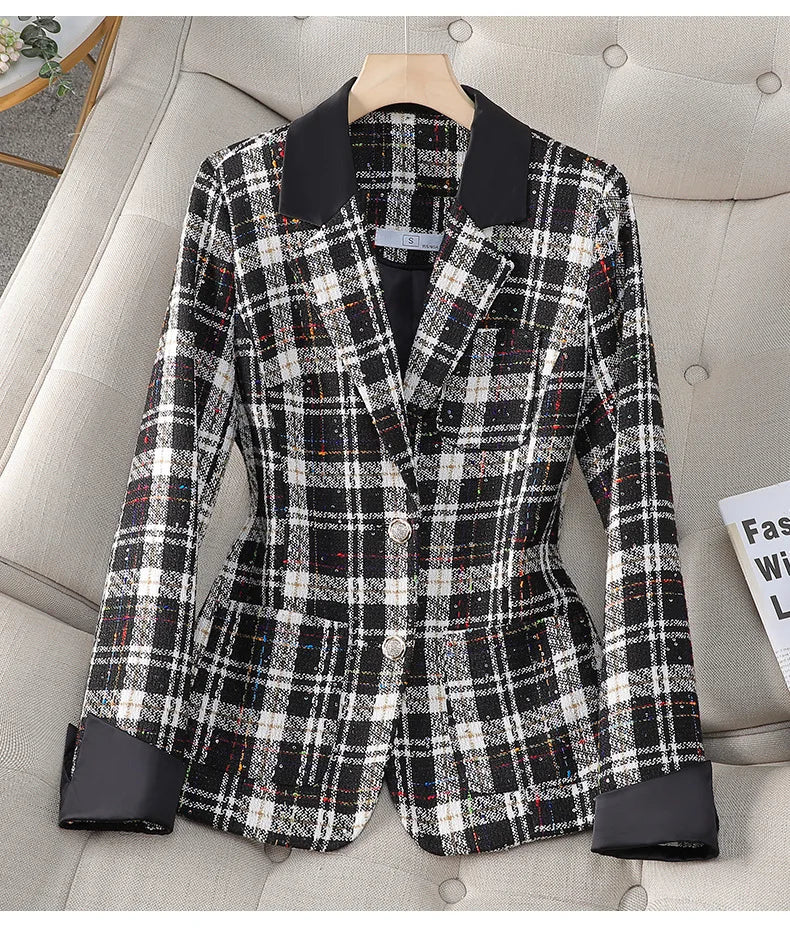 Black White Plaid Coat  Short Suit Jacket Single Breasted Outwear