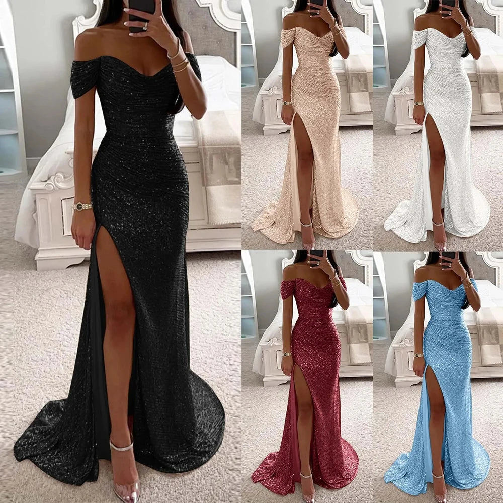 High Split Off Shoulder Sweetheart Prom Formal Party Gown