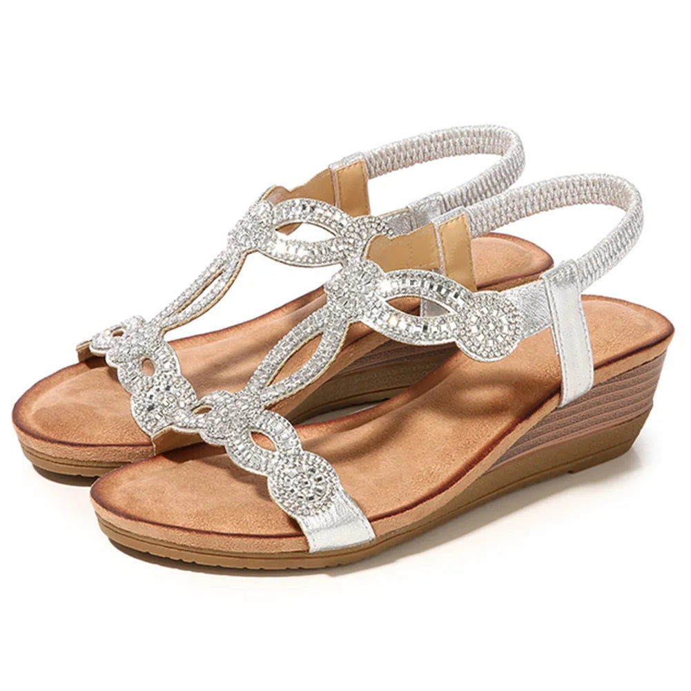 Sandals Open Toe Rhinestone Walking Shoes Elastic Ankle Strap