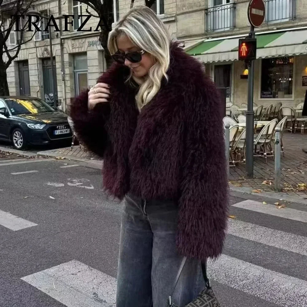 Faux Fur Casual Jacket  Pure Color Lapel Warm Oversized