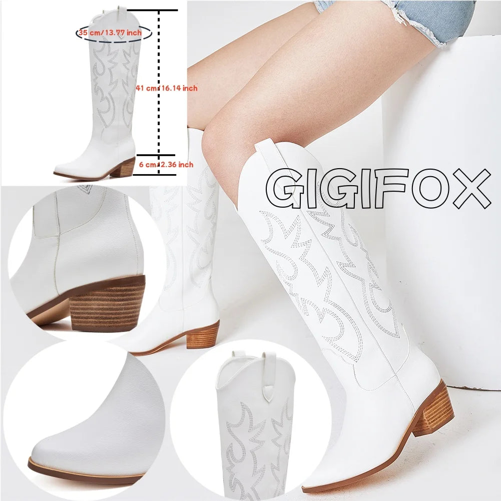 Embroidered Western Mid-calf  High Boots Solid Square Heele