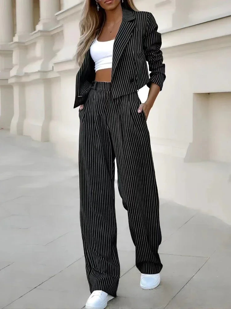 Elegant Suit Sets  Short Blazer Wide Leg Pants Set Office