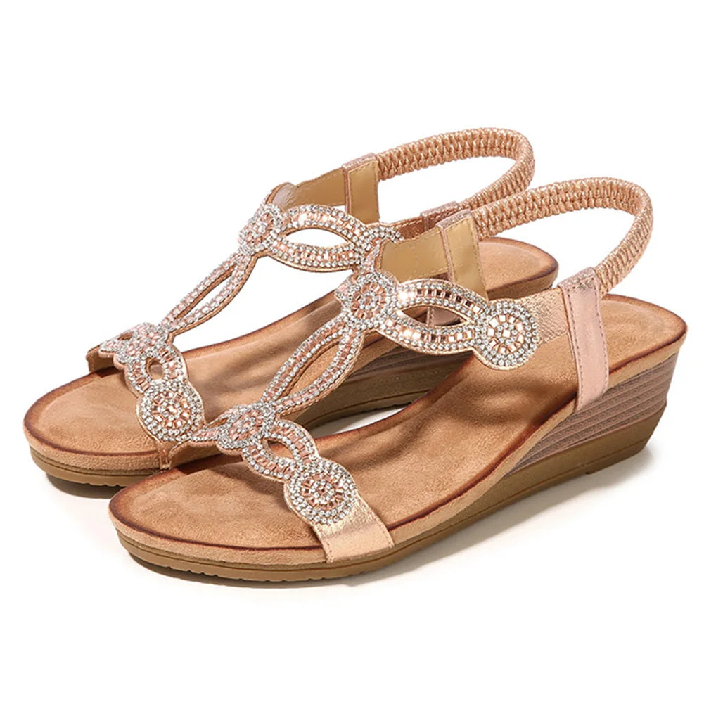 Sandals Open Toe Rhinestone Walking Shoes Elastic Ankle Strap