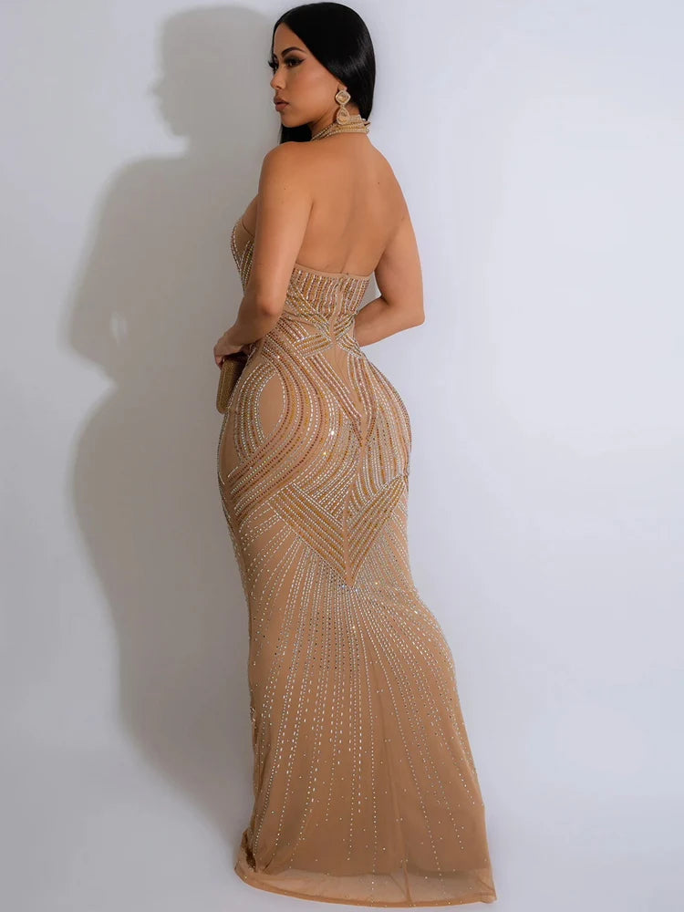 Rhinestones Décor Long Maxi Dress Backless