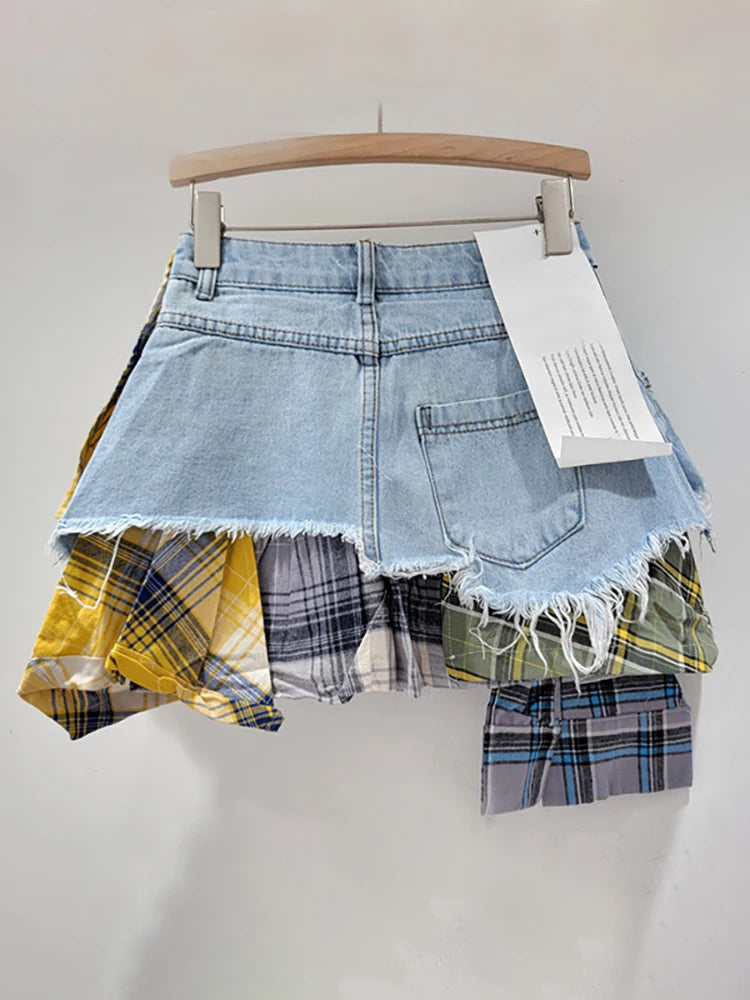 Denim Skirt Colored Plaid Patchwork Irregular Mini Skirt