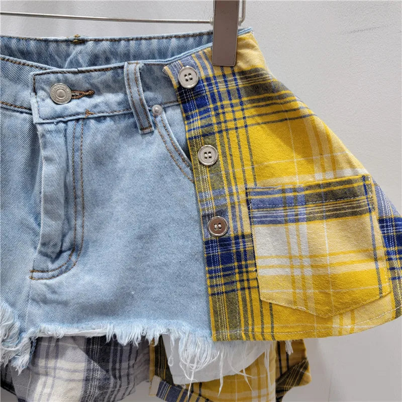 Denim Skirt Colored Plaid Patchwork Irregular Mini Skirt