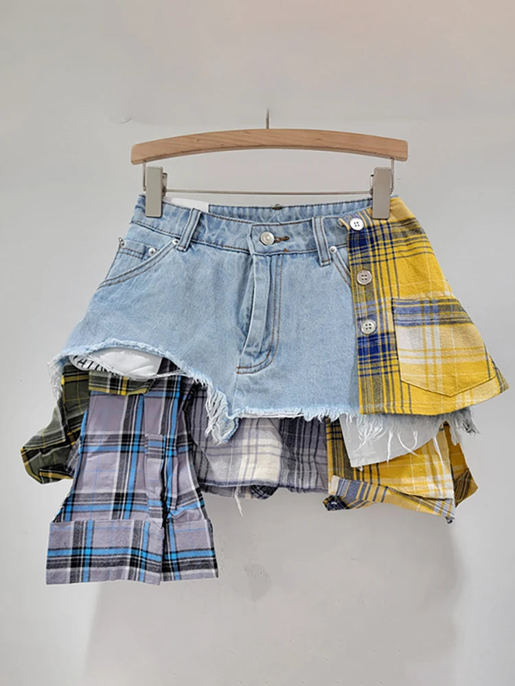 Denim Skirt Colored Plaid Patchwork Irregular Mini Skirt