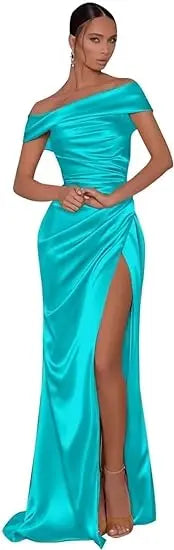 Champagne Satin Evening Dresses Women Off Shoulder Sexy High Split Ruched Bust Waist Pleat Prom Formal Party Gown Robe De Soiree