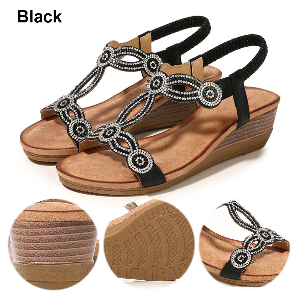 Sandals Open Toe Rhinestone Walking Shoes Elastic Ankle Strap