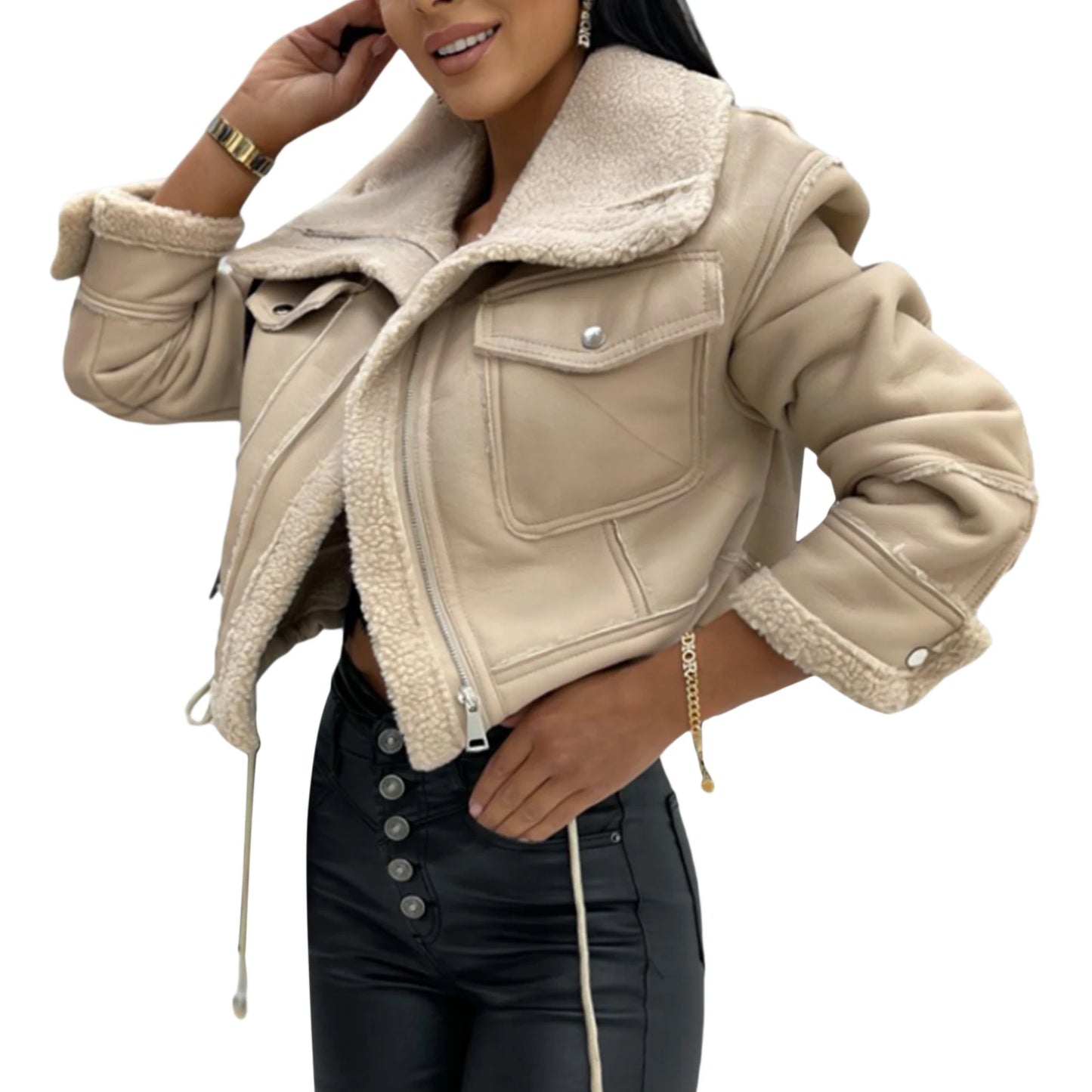 Winter Jacket, Long Sleeve Zipper Closure Patchwork with Pockets