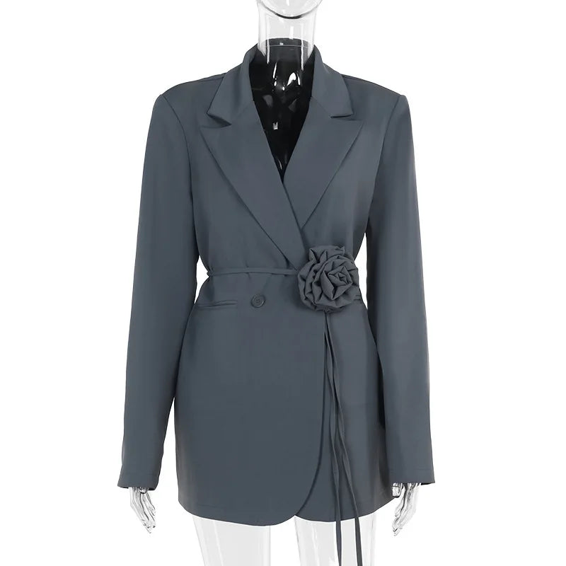 Flower Belts Blazer Coat Double Breasted  Office Jacket