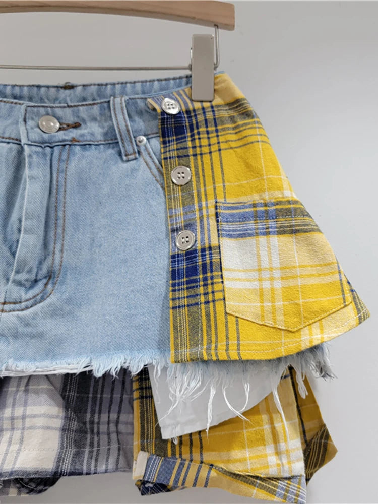 Denim Skirt Colored Plaid Patchwork Irregular Mini Skirt