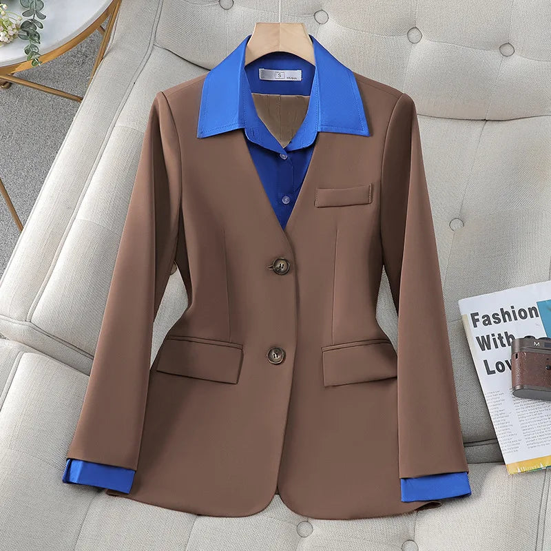 Long Sleeve Blazers Lapel Collar Color Block Jacket