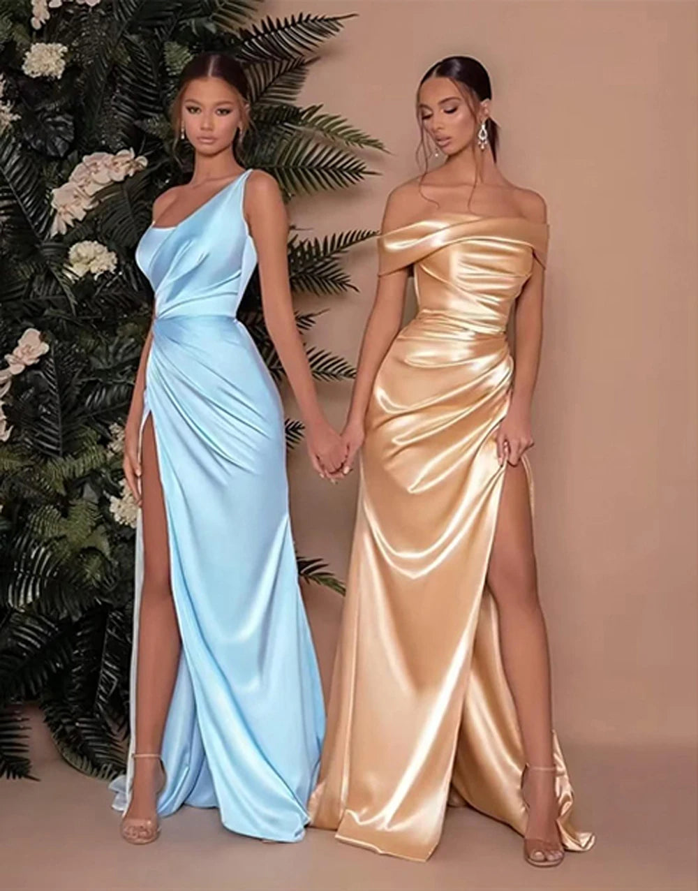 Champagne Satin Evening Dresses Women Off Shoulder Sexy High Split Ruched Bust Waist Pleat Prom Formal Party Gown Robe De Soiree