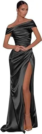 Champagne Satin Evening Dresses Women Off Shoulder Sexy High Split Ruched Bust Waist Pleat Prom Formal Party Gown Robe De Soiree