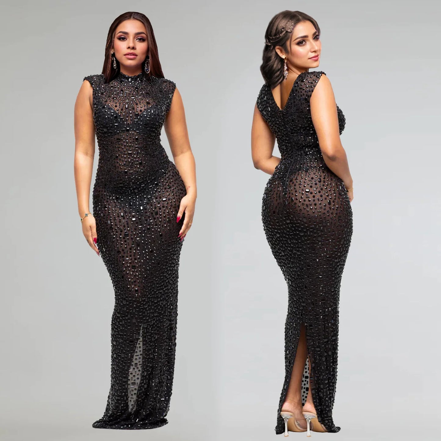 Diamonds Hot Rhinestones O-neck  Sleeveless Long Dress