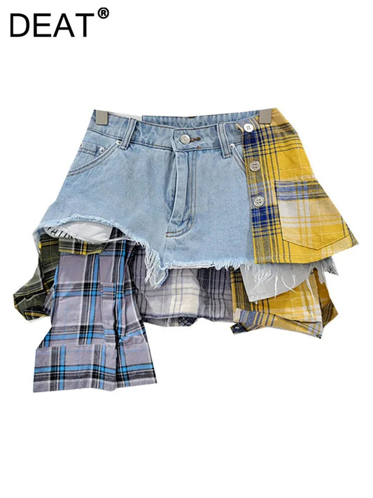 Denim Skirt Colored Plaid Patchwork Irregular Mini Skirt