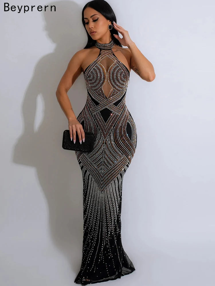 Rhinestones Décor Long Maxi Dress Backless