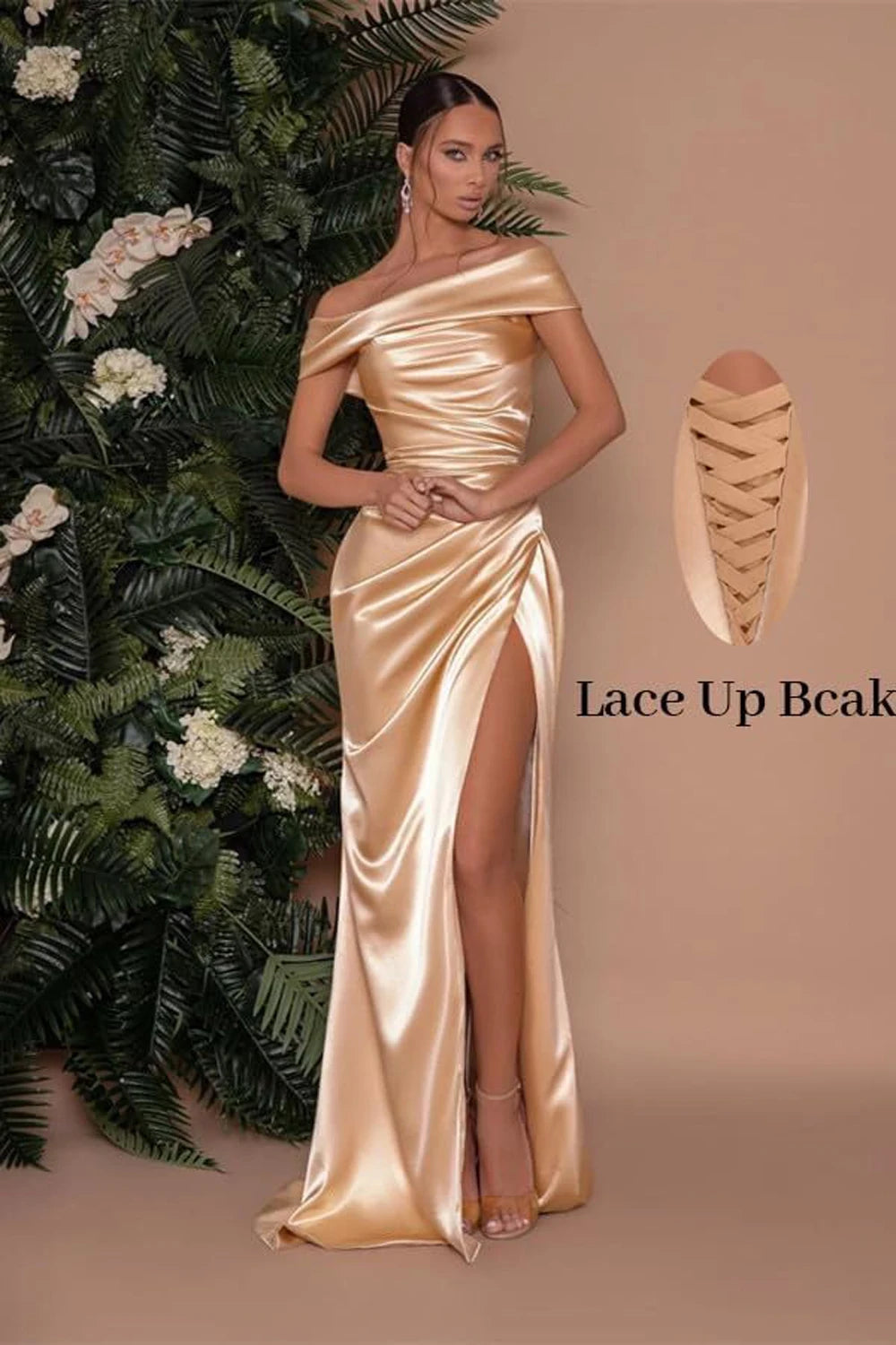 Champagne Satin Evening Dresses Women Off Shoulder Sexy High Split Ruched Bust Waist Pleat Prom Formal Party Gown Robe De Soiree