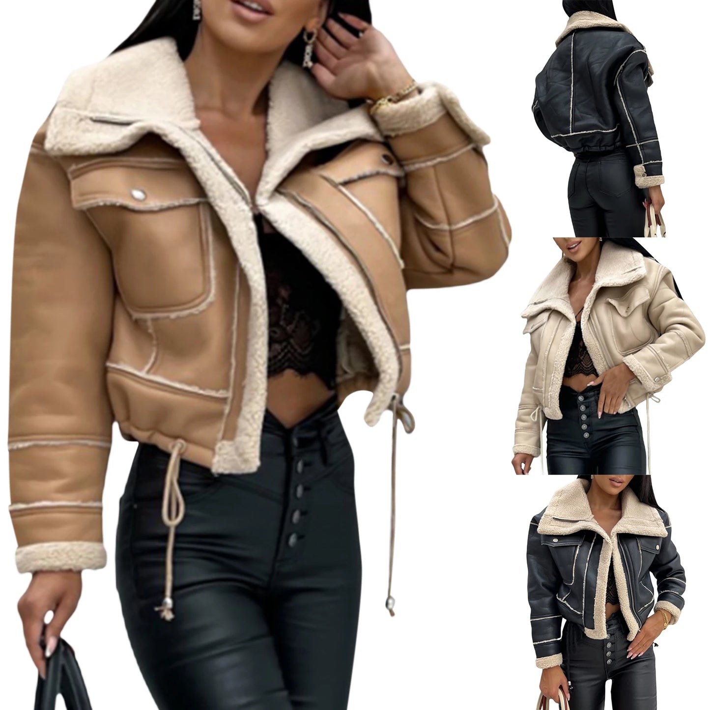 Winter Jacket, Long Sleeve Zipper Closure Patchwork with Pockets